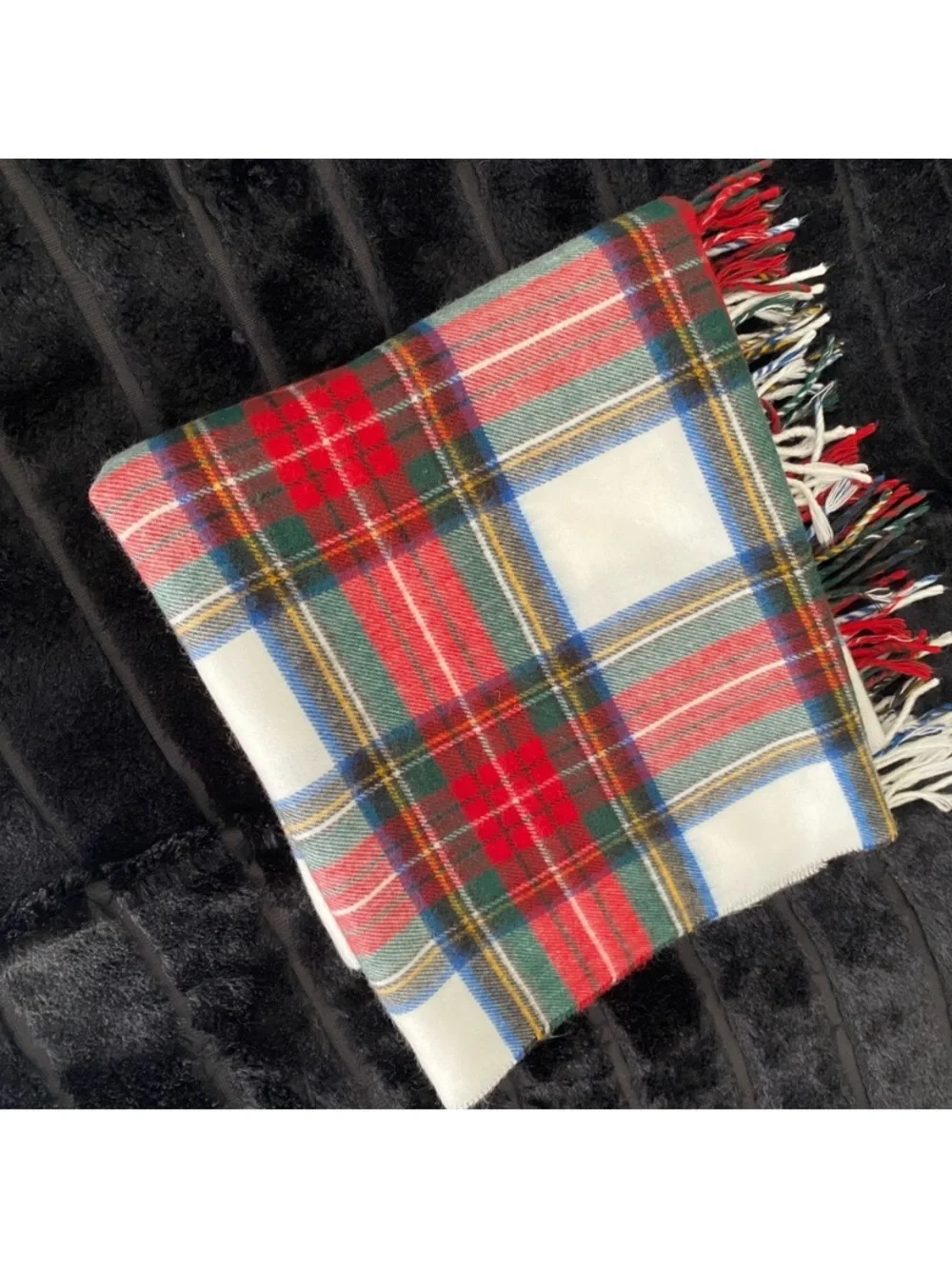 Jeffrey banks White Plaid Fringe Scarf with Red & Blue Accents